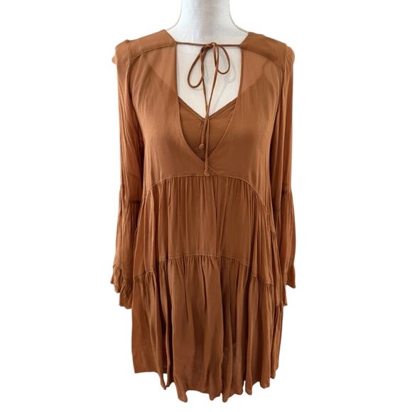 YFB Young Fabulous & Broke Chiffon Long Sleeve Boho Mini Dress Mocha Brown S - Picture 1 of 7